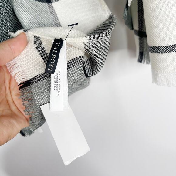 New Talbots Cream Gray Black Windowpane Plaid Scarf Shimmer Wool Blend Fringe - Picture 6 of 10